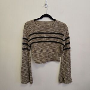 3/$30 Tan and Black Striped Bell-Sleeves Cropped Knit Sweater size S